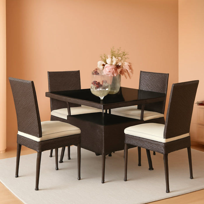 5 Piece Patio Wicker Dining Set, Outdoor Rattan Table and Chairs with W/Tempered Glass Table Top & Padded Cushions, Wicker Patio Conversation Furniture Set for Balcony Patio Garden Poolside