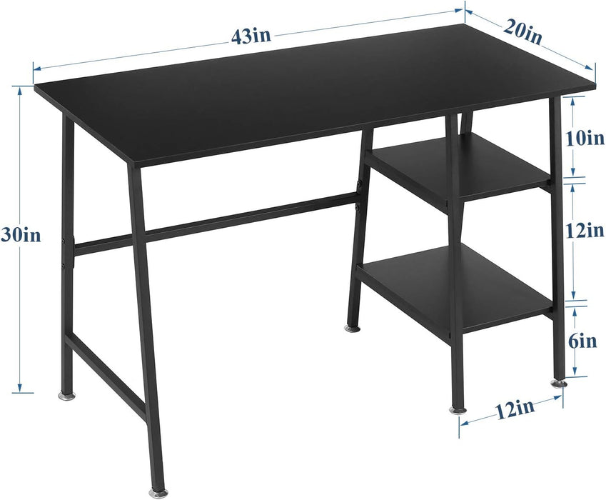 43" Home Office Computer Desk Trestle Desk with 2 Shelves Writing Study Workstation Style Wood Table Metal Frame for Home Office Reversible Storage Desk, Black