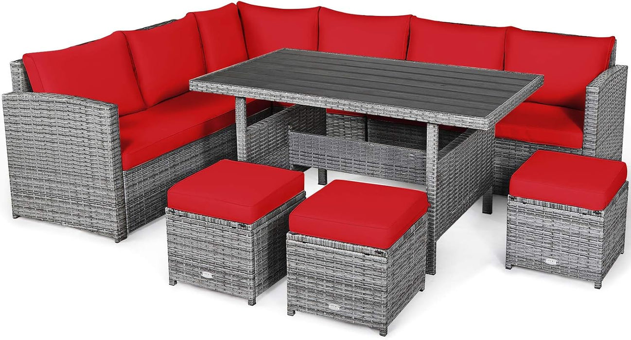 7 Pieces Patio Furniture Set, Outdoor Sectional Rattan Sofa Set with Cushions, All Weather Wicker Conversation Couch Set W/Dining Table & Ottomans for Backyard Garden Poolside