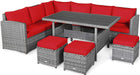 7 Pieces Patio Furniture Set, Outdoor Sectional Rattan Sofa Set with Cushions, All Weather Wicker Conversation Couch Set W/Dining Table & Ottomans for Backyard Garden Poolside