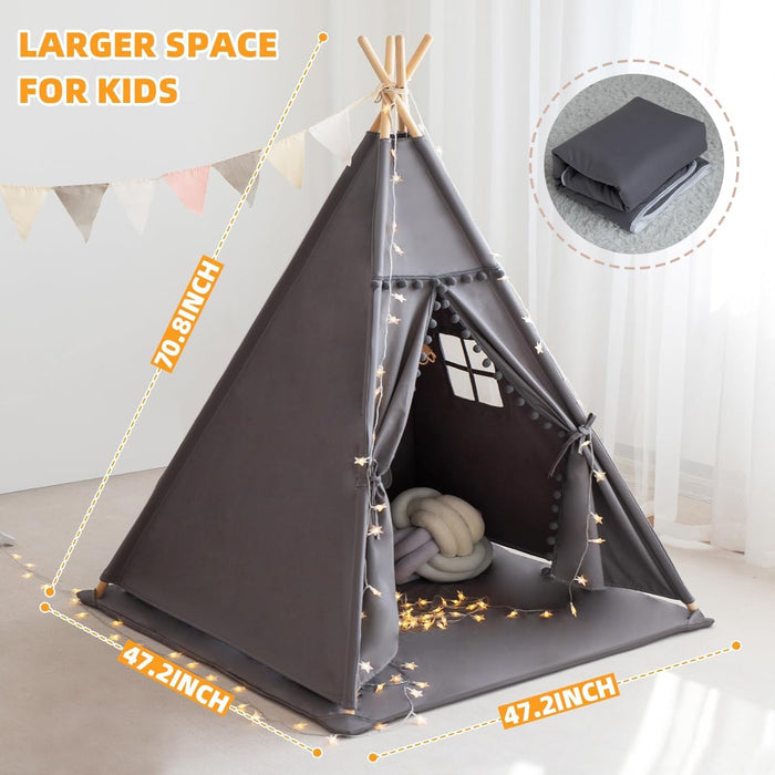 Teepee Tent for Kids with Mat, Star Lights, Carry Case, Cotton Canvas Playhouse, Foldable Tents, Portable Children Play Tent Indoor Outdoor(Grey)
