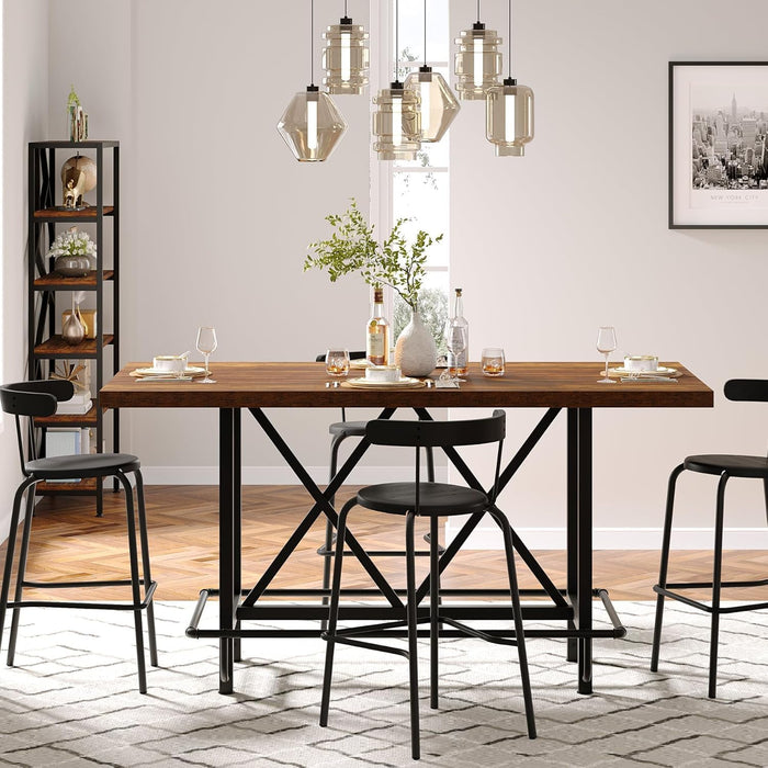Dining Table for 6 People, Industrial Rectangular Kitchen Table with Metal Footrest, 35.43" Counter Height Dinner Table for Dining Room (Rustic Brown)