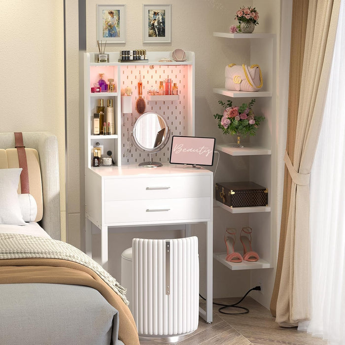 Small Vanity Desk with Hutch and Drawers, White Makeup Vanity Desk with Charging Station, Vanity Table Dressing Table with LED Lights, Vanity Desk No Mirror with Pegboard for Girls Women, 24"
