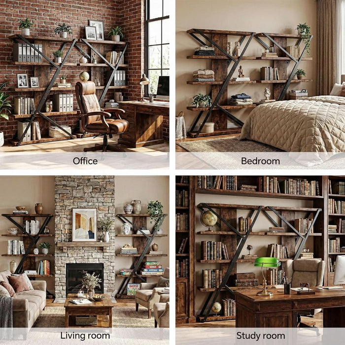 Industrial Bookshelf, Vintage 5-Tier Tall Bookcase with Wood and Metal Frame, Rustic Large Display Shelf for Home Office, 72" H X 47" L X 12" W, Rustic Brown
