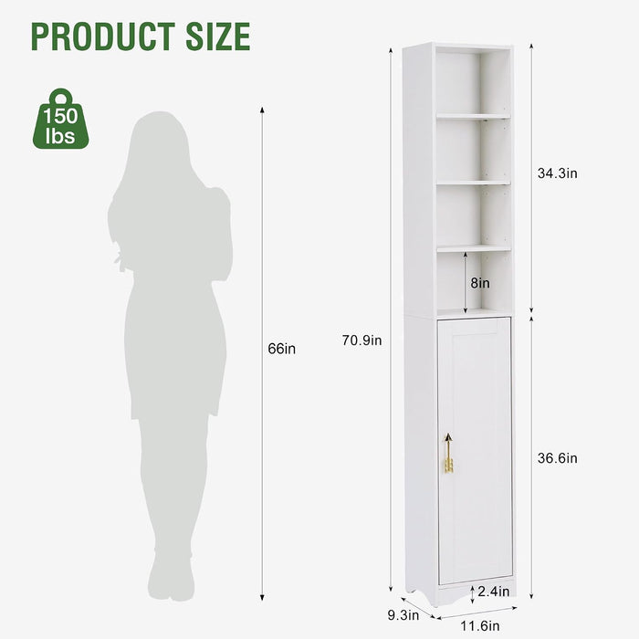 71" Tall Narrow Bookshelf with Door, 8-Tier Adjustable Shelves Bookcase, Freestanding Storage Cabinet with Raised Base for Living Room Bathroom Office, White
