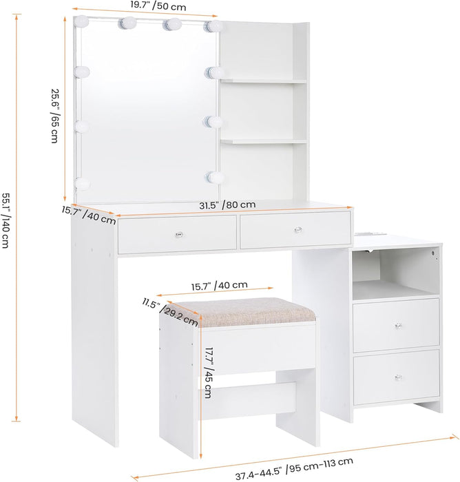 Makeup Vanity Desk with Mirror & 10 LED Lights Big Vanity Set with Charging Station, Nightstand, Drawers, Storage Shelves, Stool, Bedroom Dressing Table for Women Girls White UBDT13W
