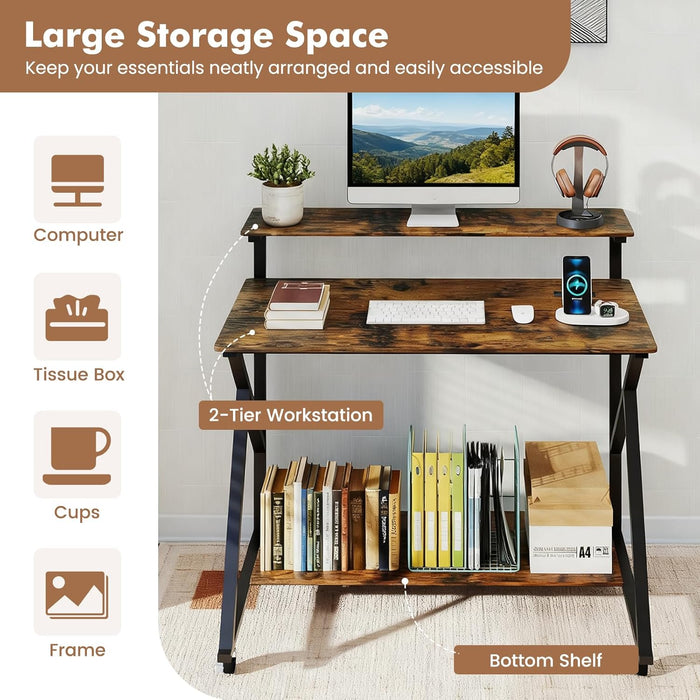 Rolling Computer Desk with Charging Station, Mobile Portable Laptop Desk with Monitor Stand & Storage Shelf, Small Desk with Lockable Wheels for Small Spaces, Home Office (Rustic Brown)