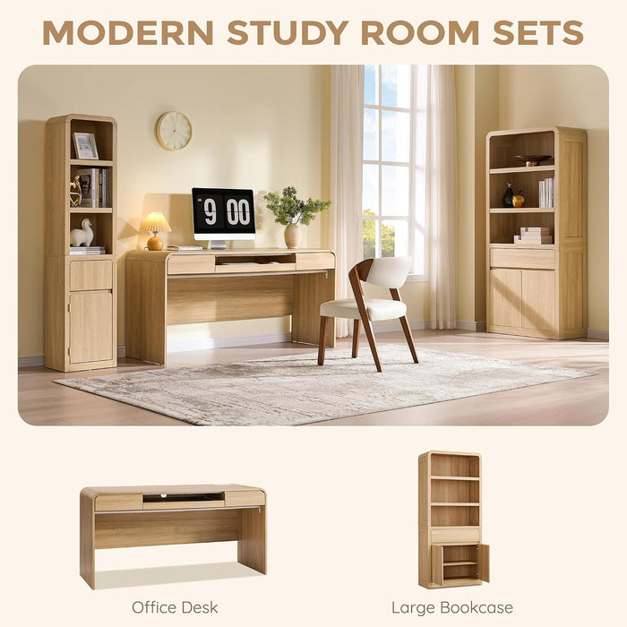 63" Modern Computer Desk with 2 Drawers, Wood Curved (Natural)
