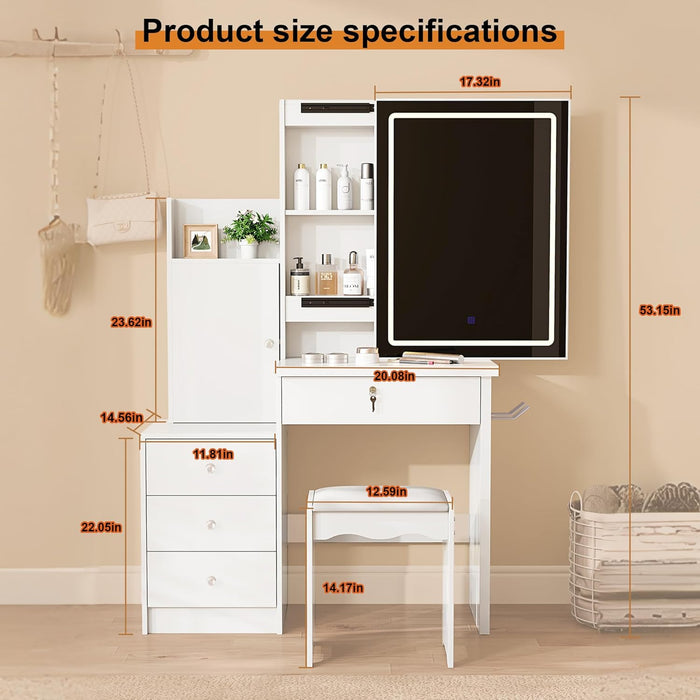 Vanity Desk Set with Sliding Lighted Mirror, Makeup Dressing Table with 4 Drawers & 9 Storage Spaces, Hidden Compartments and Cushioned Stool for Bedroom, White