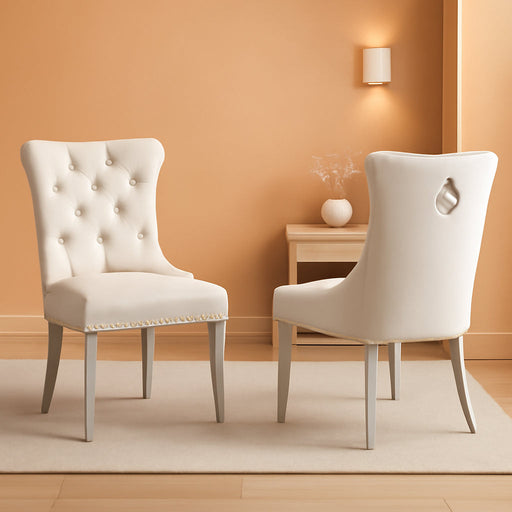 Velvet Dining Chair Set of 2 Upholstered Tufted Dining Room Chair with Nailhead Trim and Stainless Steel Silver Plated Legs for Kitchen, Restaurant, Beige