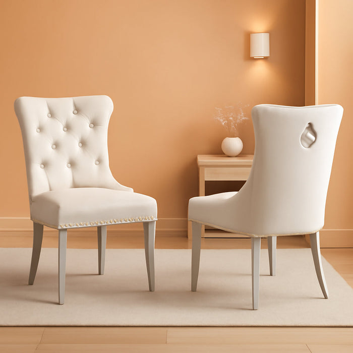 Velvet Dining Chair Set of 2 Upholstered Tufted Dining Room Chair with Nailhead Trim and Stainless Steel Silver Plated Legs for Kitchen, Restaurant, Beige