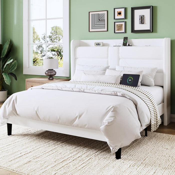 Full Size Platform Bed Frame with Charging Station & Storage Headboard, Upholstered Velvet Wingback Design & USB Port, Strong Wooden Slats Support, No Box Spring Needed, Easy Assembly, White