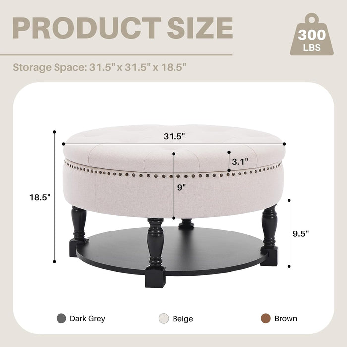 31.5" Large round Storage Ottoman, Upholstered Tufted Linen Ottoman Coffee Table, Large Footrest with Solid Wooden Legs Wood Shelf Storage, Side Table for Living Room Bedroom Office, Beige
