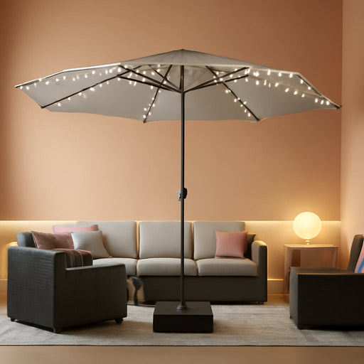 15Ft Double-Sided Patio Umbrella with Solar Lights, Outdoor Rectangle Market Large Patio Umbrella with Base Include|Crank Handle|156 PCS LED Lights for Garden Deck Pool in Grey(1.9" Pole)
