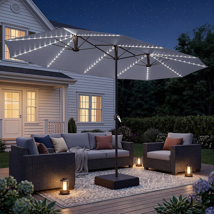 15Ft Double-Sided Patio Umbrella with Solar Lights, Outdoor Rectangle Market Large Patio Umbrella with Base Include|Crank Handle|156 PCS LED Lights for Garden Deck Pool in Grey(1.9" Pole)