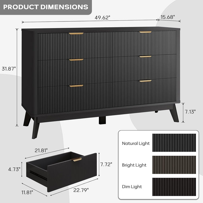 GRAINELL 49.6'' Modern Wooden Dresser with 6 Drawers for Bedroom, (Black)