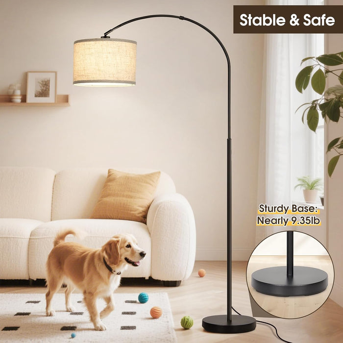 Dimmable Floor Lamp, Arc Floor Lamp with Dimmer, Black Standing Lamp with Adjustable Hanging Shade, over Couch Tall Reading Light, Modern Pole Lamp for Living Room Bedroom, 9W LED Bulb Included