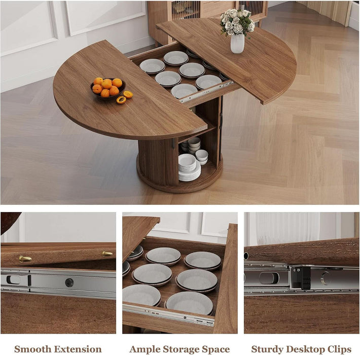 47.2"–63" Extendable Dining Room Table for 4-8, Round-To-Oval Expandable Dining Table with Dust-Proof 2-Tier Shelf, Space-Saving Wood Kitchen Table for Living Room, Walnut