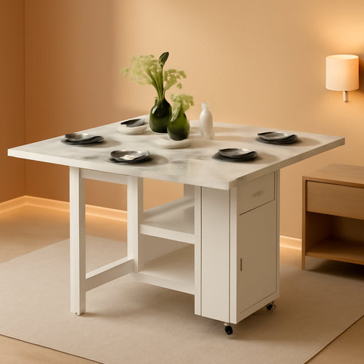 Folding Dining Table with Storage, Kitchen Table for Small Spaces | Foldable, Drop Leaf, Movable, 4 Wheels, Space Saving, Extendable, Marble Texture Top, for Apartment Kitchen Living Room White