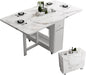 Folding Dining Table with Storage, Kitchen Table for Small Spaces | Foldable, Drop Leaf, Movable, 4 Wheels, Space Saving, Extendable, Marble Texture Top, for Apartment Kitchen Living Room White