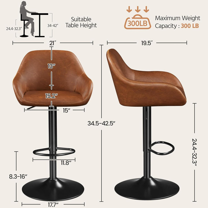 Yaheetech Bar Stools Set of 4, Adjustable Swivel PU Leather, Retro Brown | Counter Height Barstools with Padded Backrest & Armrests, 300 Lb Weight Capacity, Easy Assembly, Home Kitchen, Dining Room