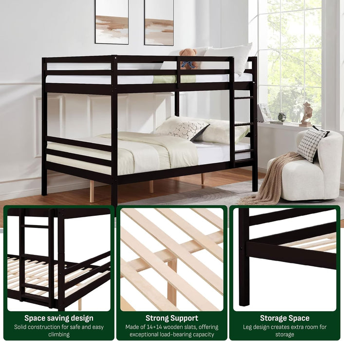 Twin over Twin Bunk Bed for Kids, Solid Wood Bunk Bed Frame with 13" High Guardrails and Ladder, 400 Lbs Capacity Total, 11.9" Under-Bed Storage, No Box Spring Needed, Black