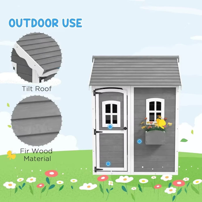 Playhouse for Kids, Outdoor Wooden Playhouse with Floor, Door, Windows & Planter Box for 3-8 Year Olds, Backyard, Lawn, Garden