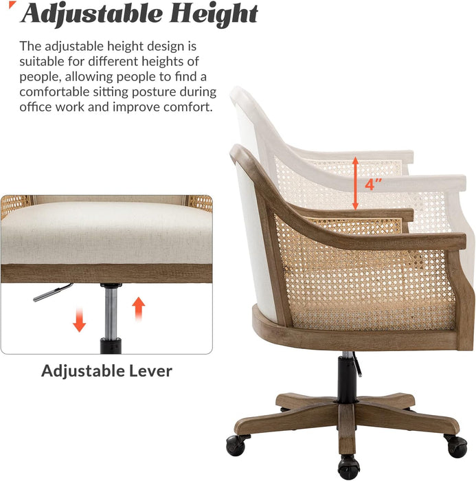 Rattan Desk Chair, Vintage Upholstered Home Office Chair, Ivory