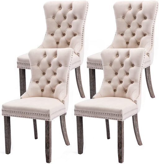 Upholstered Dining Chairs Set of 4, Velvet Tufted Dining Chairs with Nailhead Back and Ring Pull Trim, Solid Wood Dining Chairs for Kitchen/Bedroom/Dining Room (Beige)