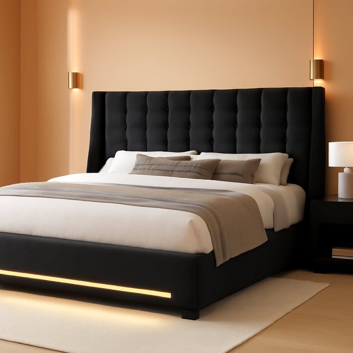 King Size Bed Frame with 4 Drawers and RGB LED Lights, Velvet Upholstered Platform Bed with Charging Station and Storage Headboard, No Box Spring Needed, Easy Assembly, Noise-Free, Black