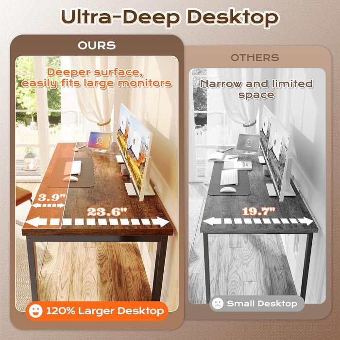 55 X 24 Inch Desk with Power Outlets & USB-C, Deeper & Thicker Desktop, Robust Metal Tubes, Computer Desk, Heavy Duty Office Desk, Work Gaming Desk for Home Office, Rustic Brown