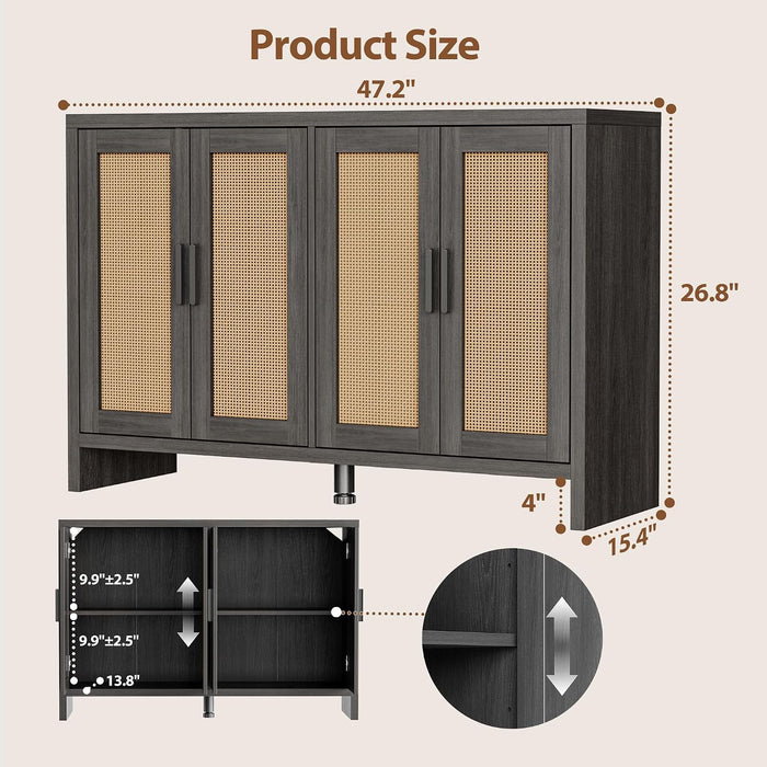 Rattan Buffet Cabinet with Storage, Sideboard with Doors, Console Table, Farmhouse Coffee Bar, Modern Wood Long Cabinets (Brown Black)