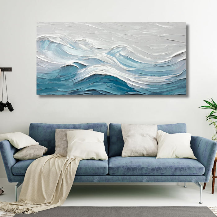Abstract Wall Art for Living Room Blue and White Ocean Paintings Wall Decor Modern 3D Textured Canvas Wall Art Large Artwork for Living Room Bedroom Office 28"X57"