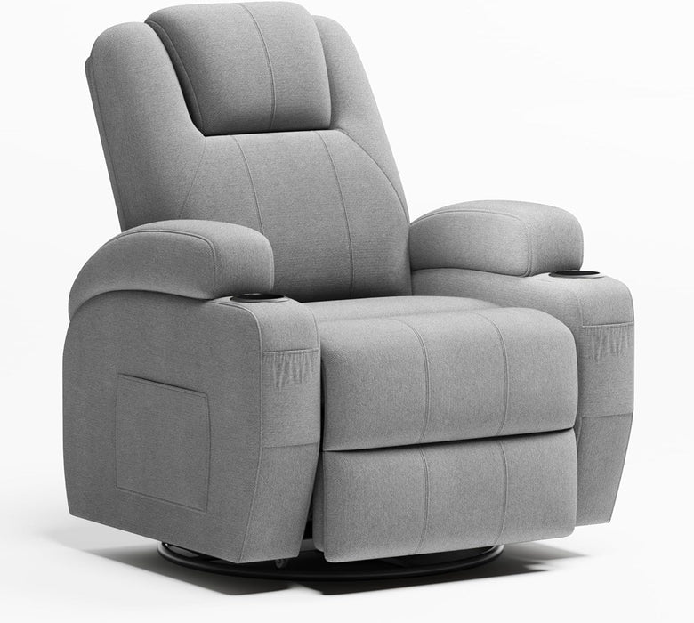Swivel Rocker Recliner Chair with Vibration Massage, 360° Swivel Recliner Chairs for Adults Ergonomic Lounge Chair with Cup Holders Lazy Boy Recliner Single Sofa Seat (Fabric, Gray)