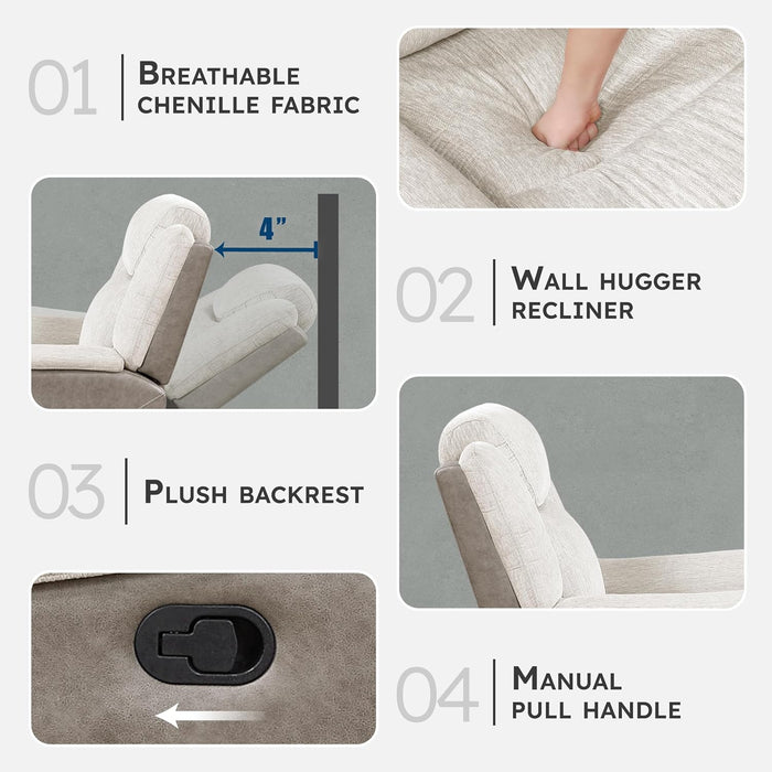 Mnul Reclining Sof for Living Room, Chenille Upholstery Double Recliner Couch Sof, Home Theter Seting, Wll Hugger, Pdded Hedrest, Required ssembly, Two-Tone Beige