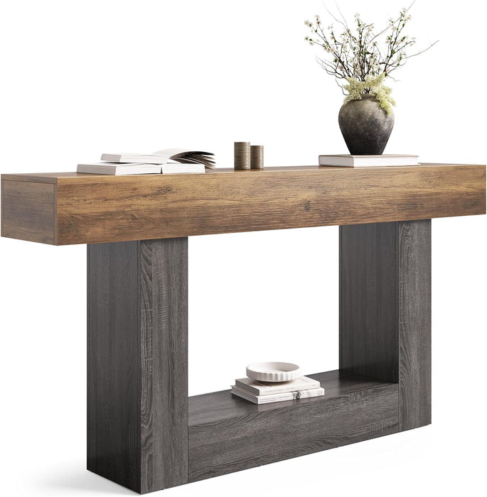 63 Inches Long Console Table, 2-Tier Farmhouse Sofa Table behind Couch, Large Narrow Entryway Table for Living Room, Wooden Hallway Foyer Table with Heavy Duty Base, Rustic Brown and Grey