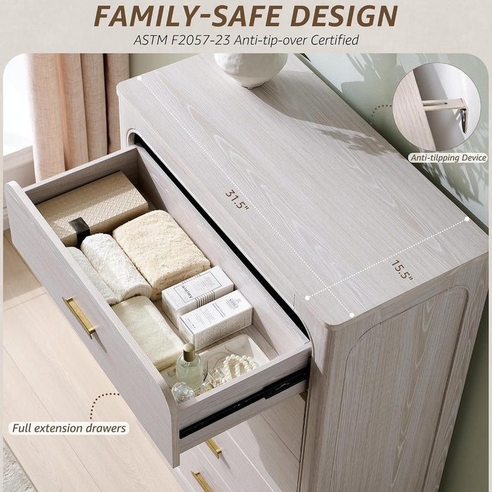 46" Tall Transitional 5-Drawer Dresser for Bedroom, Frosted Oak