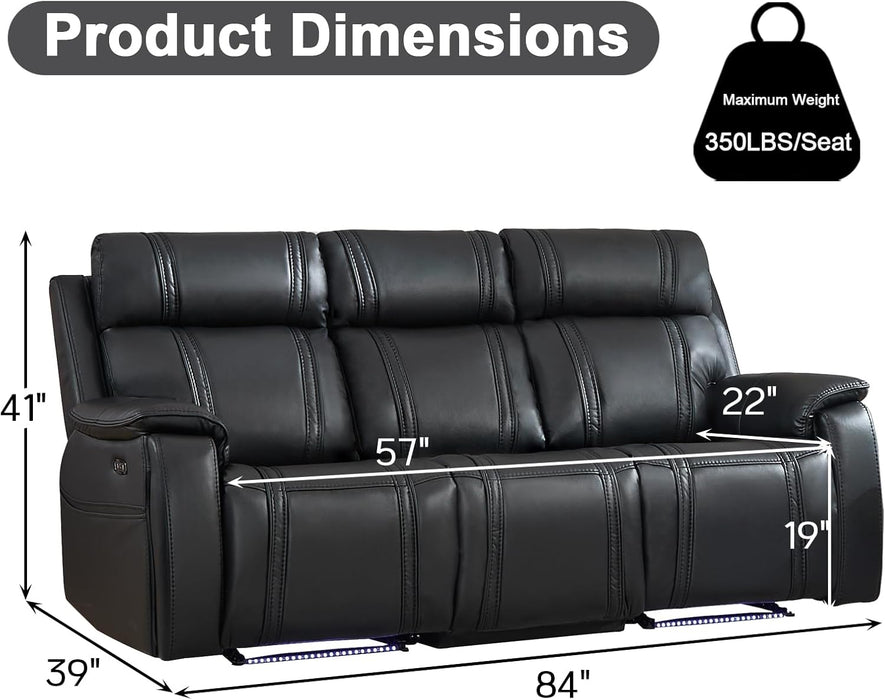 Power Recliner Sofa Set with Flip Middle Backrest, Living Room Furniture Sets, Leather 3 Seater Reclining Sofa Couch with Ambient Lighting, Cup Holders, Side Pocket for Living Room, Black