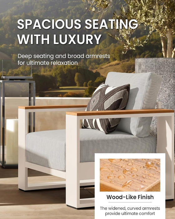 Oversized Aluminum Patio Furniture Set, 4 Pieces Luxury Outdoor Furniture Set with 7.1" Extra Thick Cushion, Modern Outdoor Sectional with Coffee Table for Porch, Garden and Deck, White