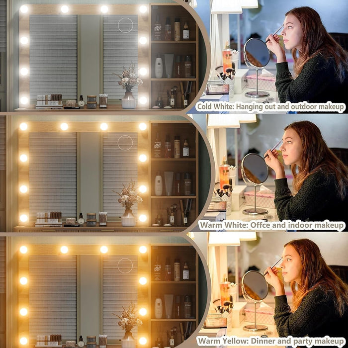 47" Fluted Vanity Desk with Mirror & LED Lights, 7-Drawer Makeup Vanity with Glass Top & Cabinet, Vanity with Chair & Charging Station, 3 Lighting Modes, for Bedroom, Natural Oak