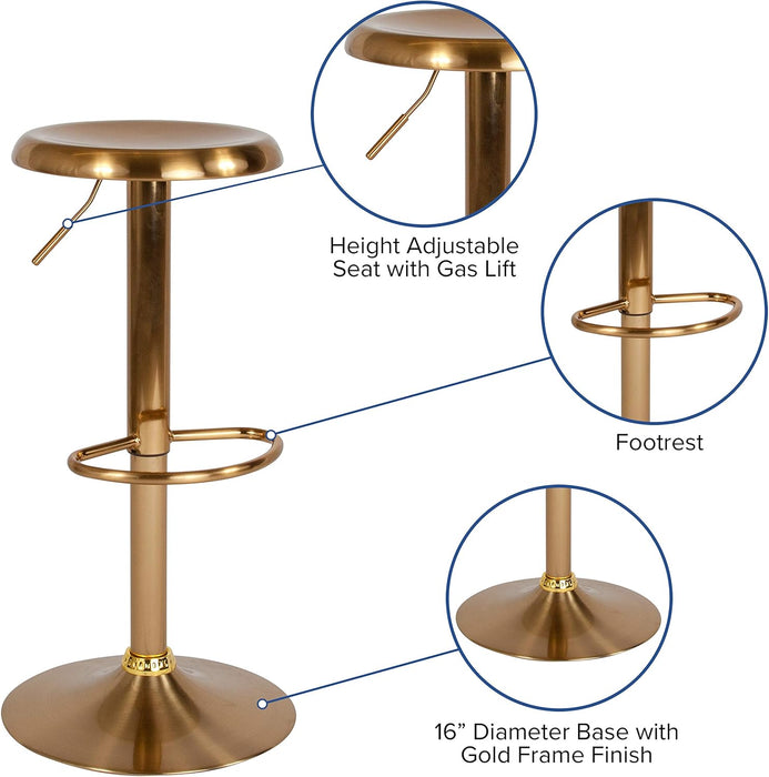 Madrid Series Adjustable Height Retro Metal Barstool with Footrest, Backless Adjustable Bar or Counter Height Swivel Stool, Gold