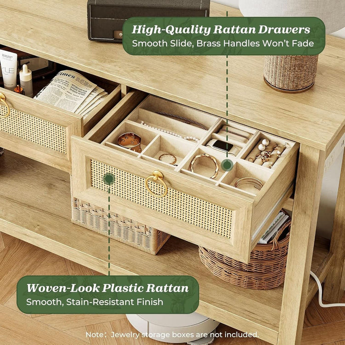 Rattan Console Sofa Table with Outlets and USB-C Port, 3 Drawer Entryway Table with Synthetic Rattan Surface, Open Shelf, behind Couch Entry Foyer Hallway Storage, Natural
