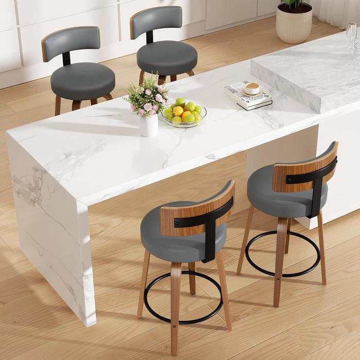 Swivel Bar Stools Set of 4, 26" Upholstered Faux Leather Counter Height Bar Stools with Back and Bentwood Legs, Mid Century Modern Bar Chairs Island Stools for Kitchen Counter, Dark Grey