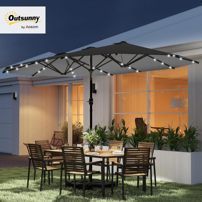 14.4Ft Large Patio Umbrella with 36 Solar LED Lights, Double Sided Outdoor Umbrella with Base Included