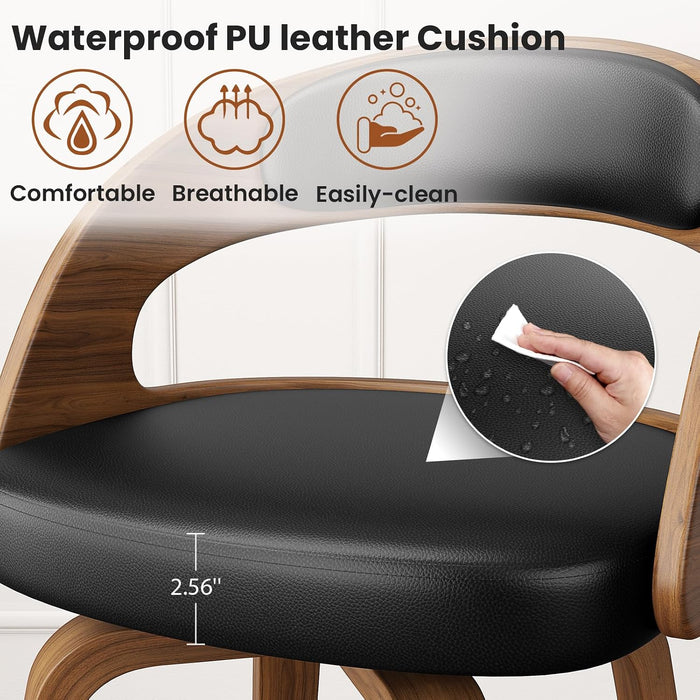 Swivel Bar Stools Set of 2, 26" Counter Height Bentwood Barstool | Mid-Century Modern PU Leather Upholstered Bar Chair with Back and Footrest, for Kitchen Island, Bar, Dining Room, Cafe, Black