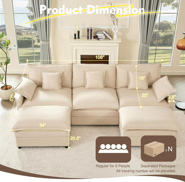108-Inch U-Shaped Premium-Quality Sectional Sofa Beige