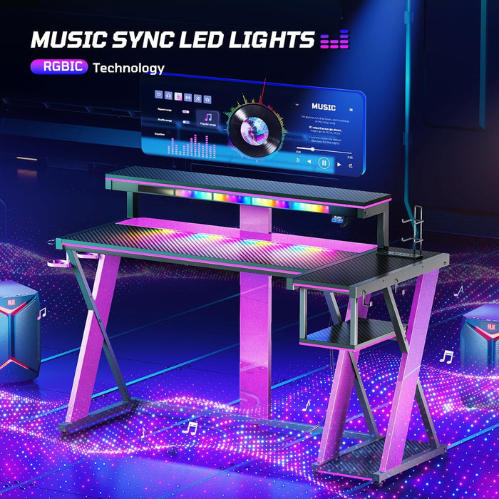 Computer Desk with Music Sync Light, Flow Vibe Corner Desk with Monitor Stand and PS5 Storage Shelves, Cup Holders, and Headset Hooks for Bedroom Small Space (Black Purple, 57 Inch)