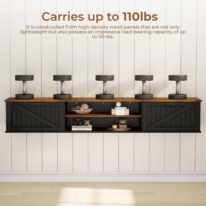 Floating TV Stand with Flip Doors, 70'' Farmhouse Floating TV Shelf for Tvs up to 90 Inch, 2 Tier Wall Mounted TV Stand, Floating Entertainment Center, TV Floating Cabinet for Living Room, Black