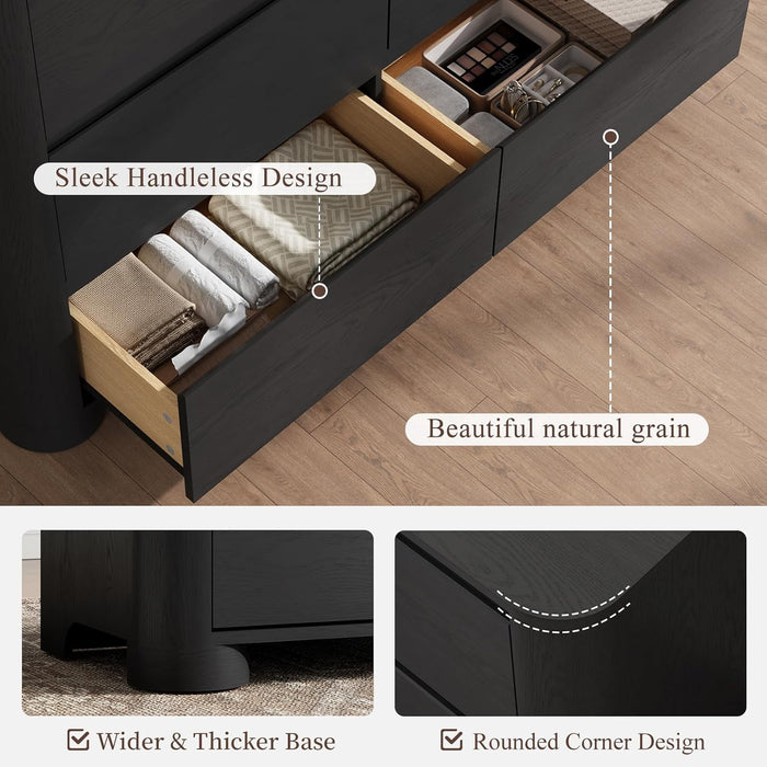 Black Dresser for Bedroom with 6 Drawers, 47" W Modern Chest of Drawers with Unique Thickened Foot, Rounded Corner Design, Wooden Dresser Organizer for Bedroom, Living Room, Hallway