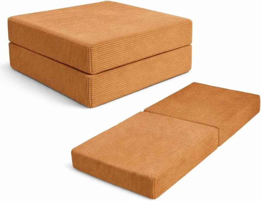 2-Piece Modular Corduroy Ottoman – Boneless Convertible Floor Sleeper & Guest Seating Mat – Pet-Friendly, High-Density Certipur-Us Foam, Washable Covers, Anti-Slip Base – Orange